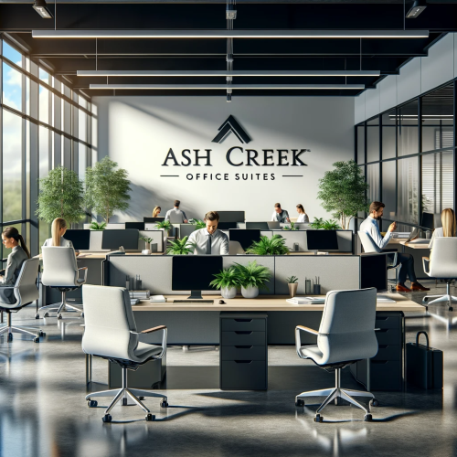 A spacious and modern office setup at Ash Creek Office Suites, featuring contemporary furniture, ergonomic chairs, large windows, and green plants, with workers engaged in various tasks.